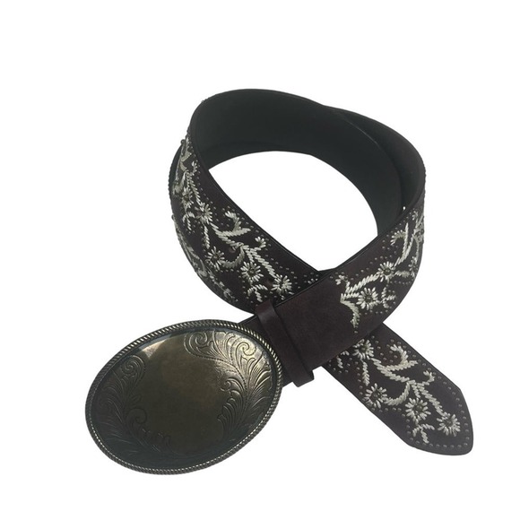 Nine West Brown Leather Studded Floral Embroidered Belt M Oval Buckle - Picture 1 of 7
